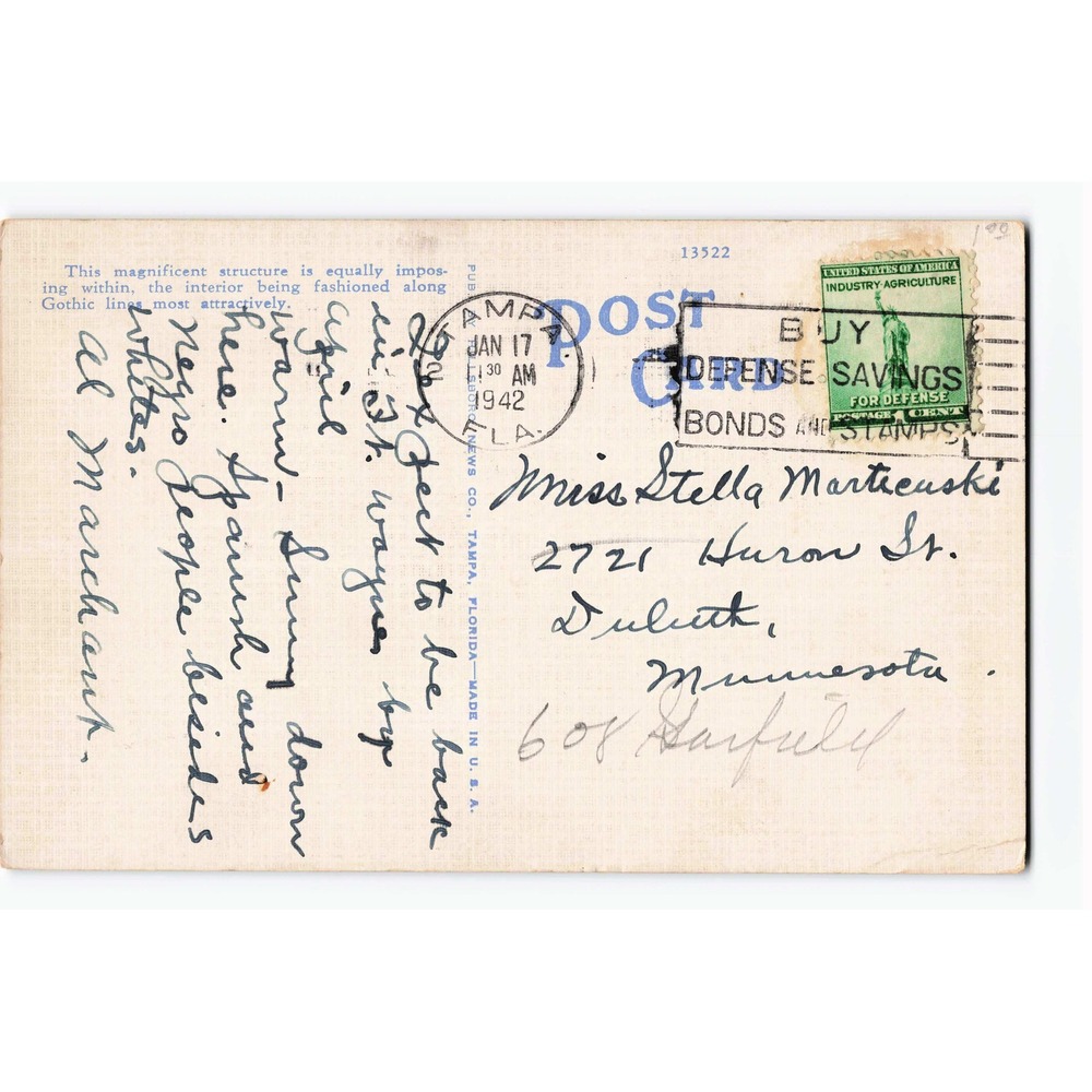 Church of the Sacred Heart Tampa Florida FL 1942 Linen Postcard WWII Cancel - Picture 2 of 2